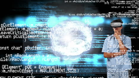 animación del procesamiento de datos sobre una doctora con auriculares vr y un cerebro humano