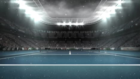 animation of snowfall over tennis court and lights on roof of stadium against cloudy sky