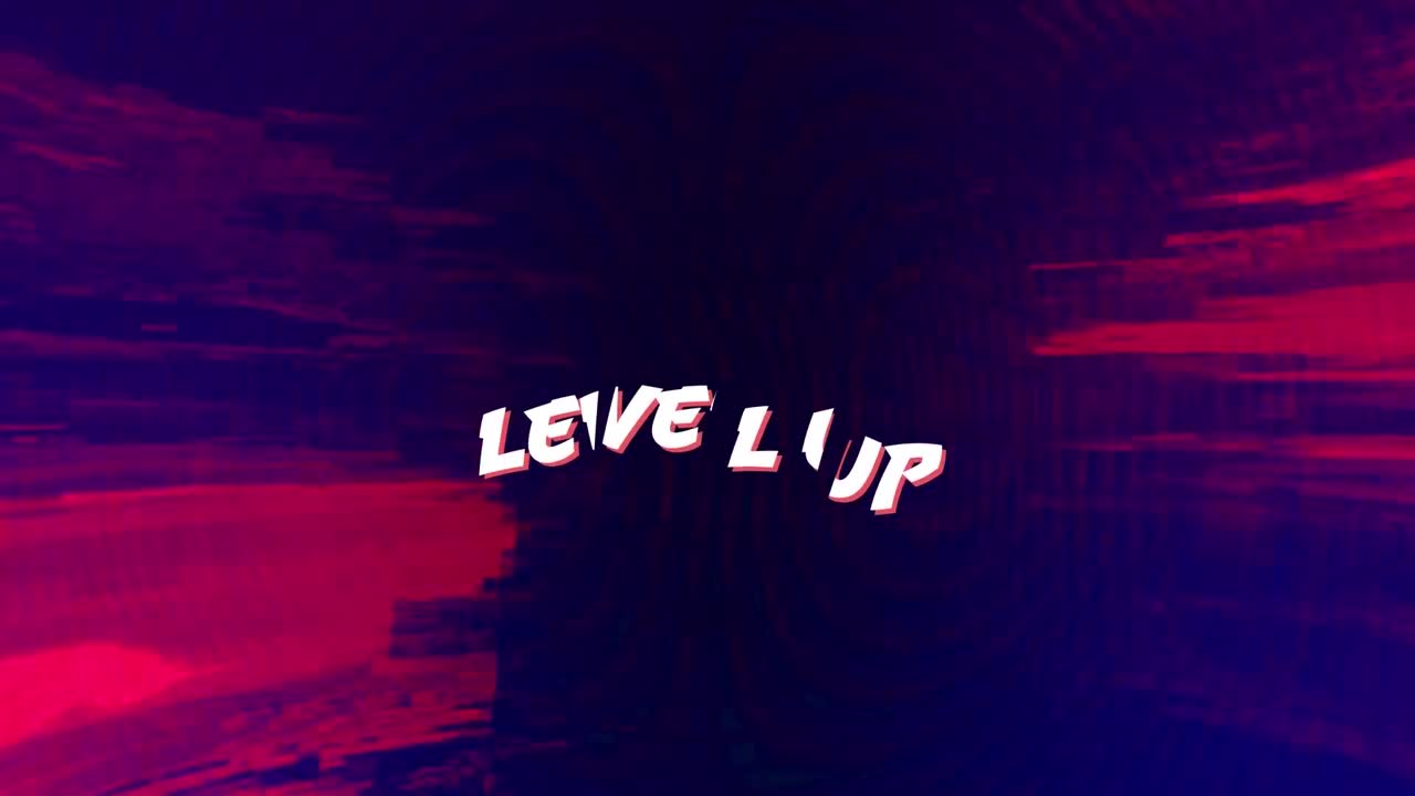 Animazione di testo "level up" su sfondo luminoso viola e rosso