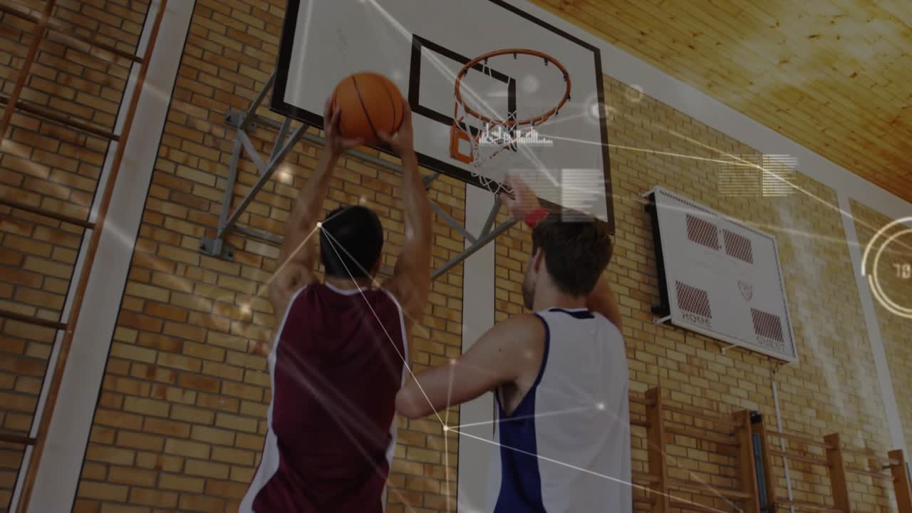 Maroon basketball handler faking, pivoting, driving to paint, HUD marking rim to score