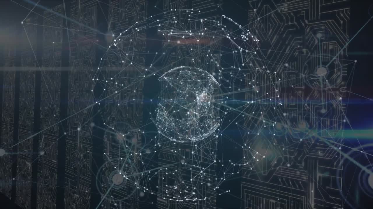 Animation of network of connections and rotating globe over integrated circuits in servers