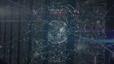 animation of network of connections and rotating globe over integrated circuits in servers