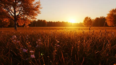 captivating sunrise over a golden field with vibrant flowers and rich autumn foliage, illuminating the scene with warmth and tranquility