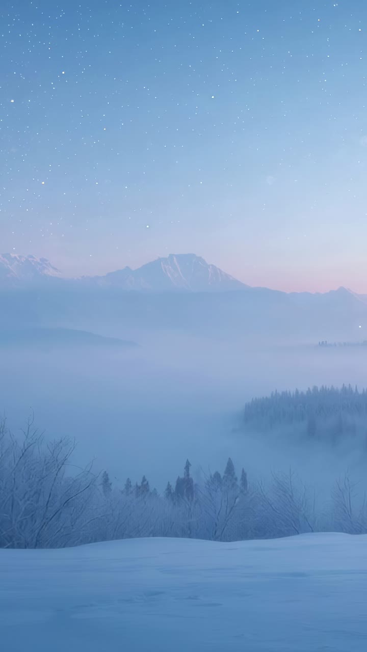 Vertical video: Brightening sky revealing distant mountain and shifting fog over snowfield at dawn