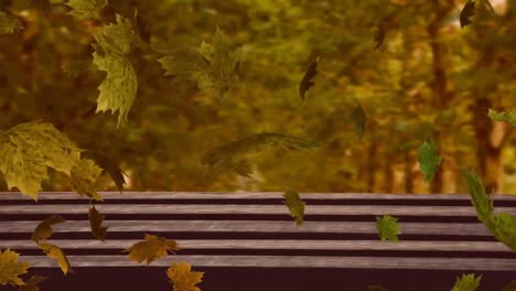 Animation-of-multiple-autumn-leaves-falling-over-bench