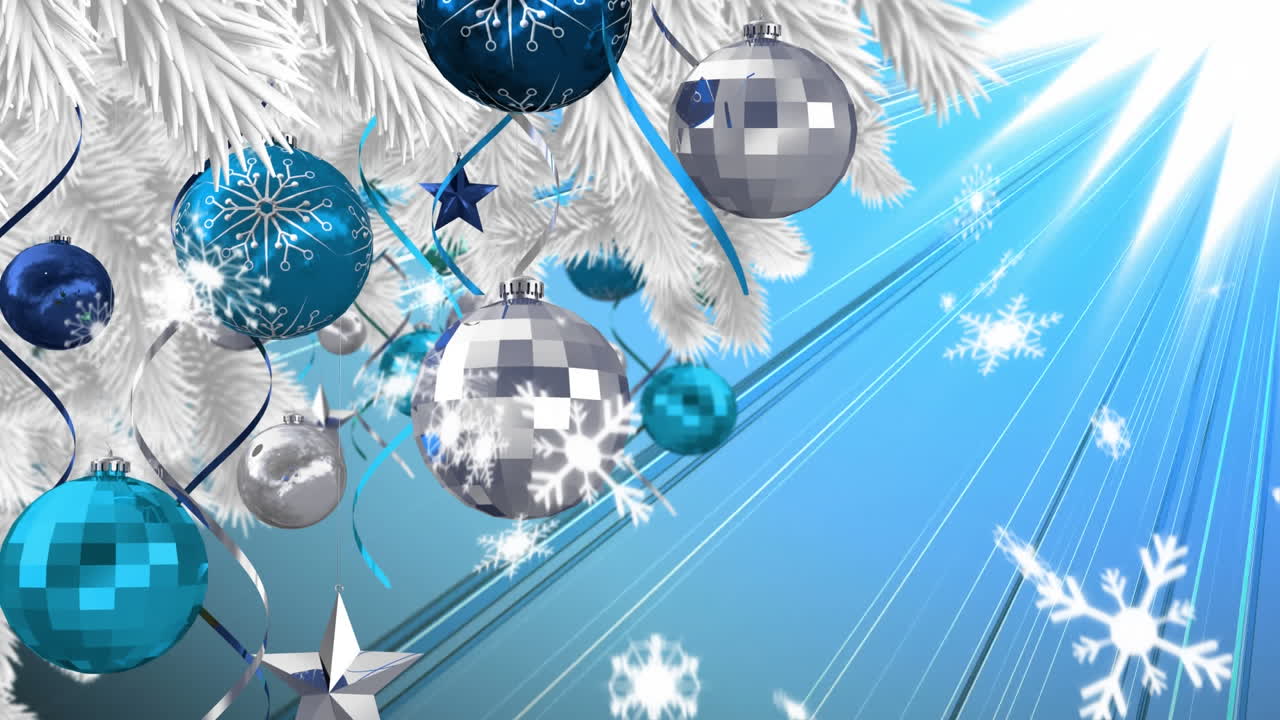 크리스마스 보블과 나무에 매달린 별 장식물 위에 떨어지는 눈알의 디지털 애니메이션