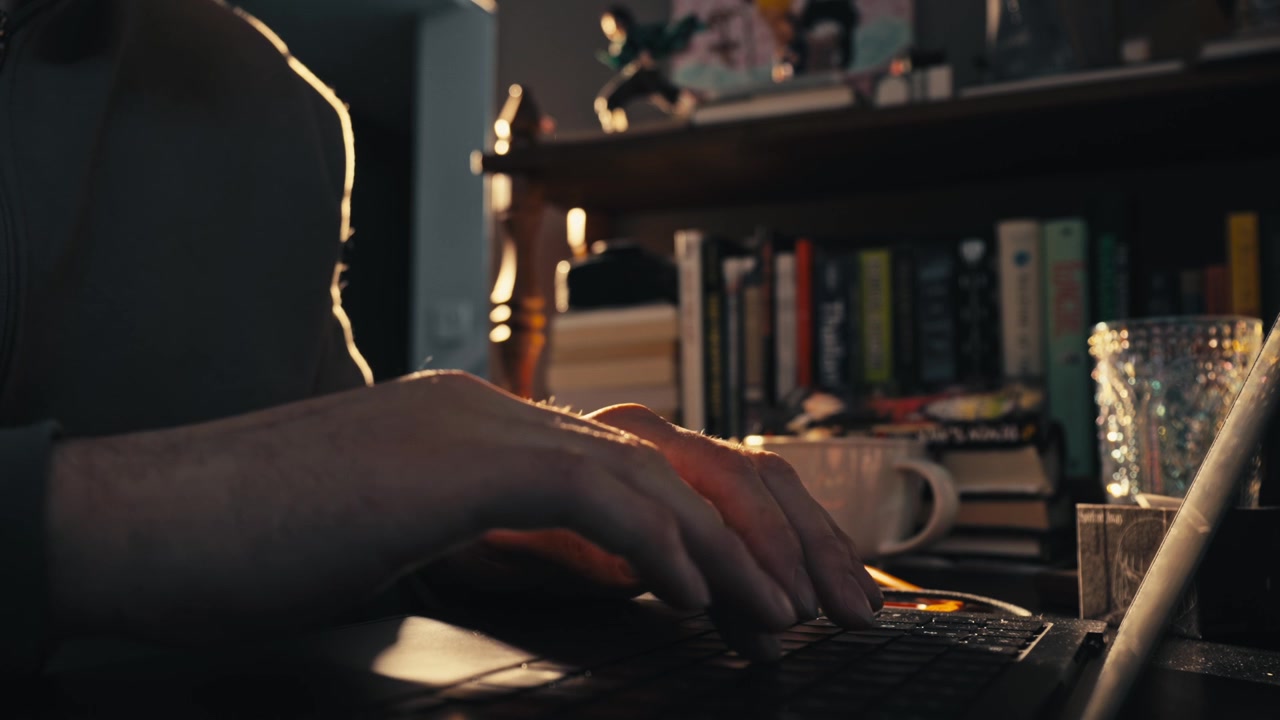 Mani di un uomo che digitano sulla tastiera di un laptop in un caldo e suggestivo interno domestico di notte.