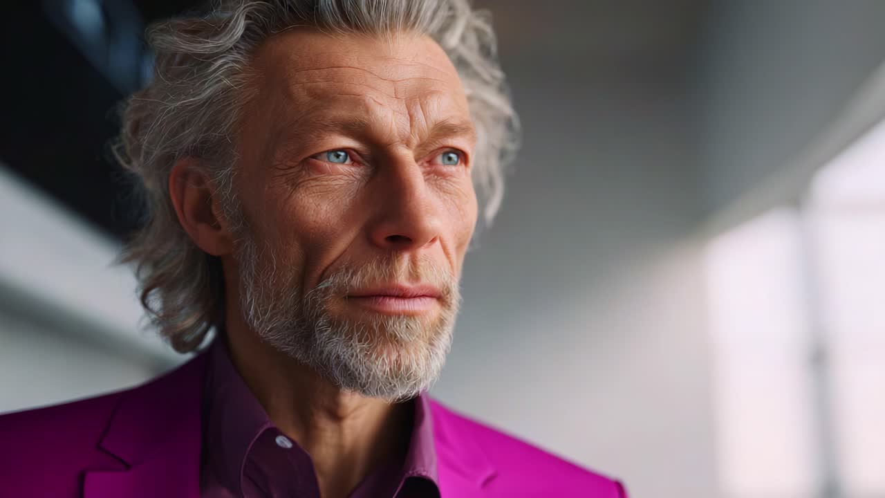 Ritratto intenso di un uomo maturo in un completo rosa acceso, che cattura emozioni ed espressioni su uno sfondo leggermente illuminato in un ambiente professionale