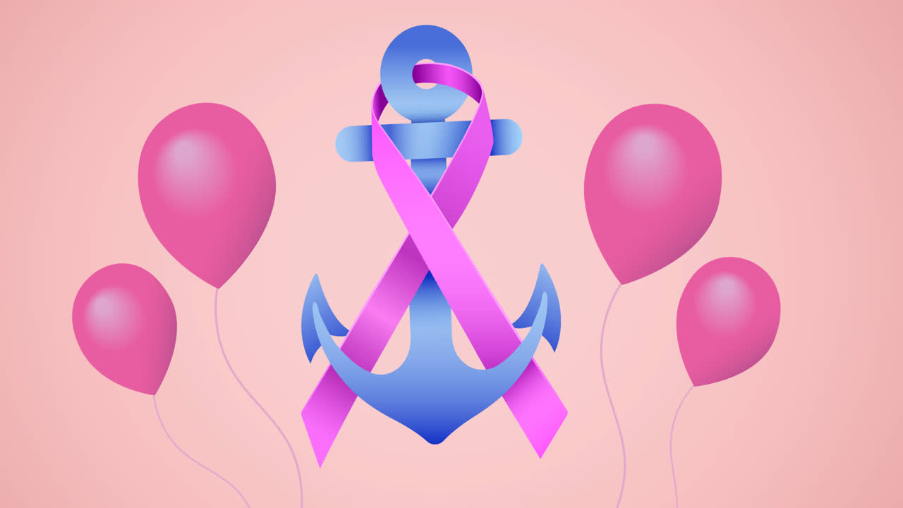 핑크 리본  ⁇ 커 로고 위에 날아다니는 분홍색 풍선의 애니메이션