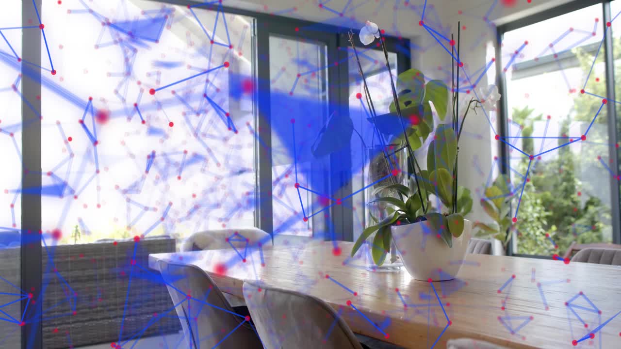 Network overlay appearing on start, flowing across wooden table with orchid, showing network flow