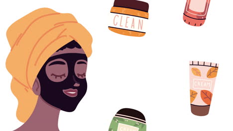 woman with face mask and skincare products