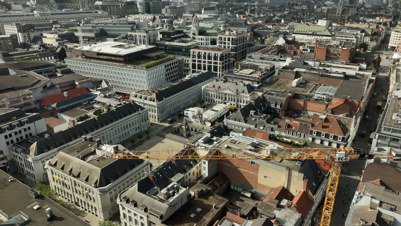 Aerial circling landmark buildings in city of Brussels, Belgium