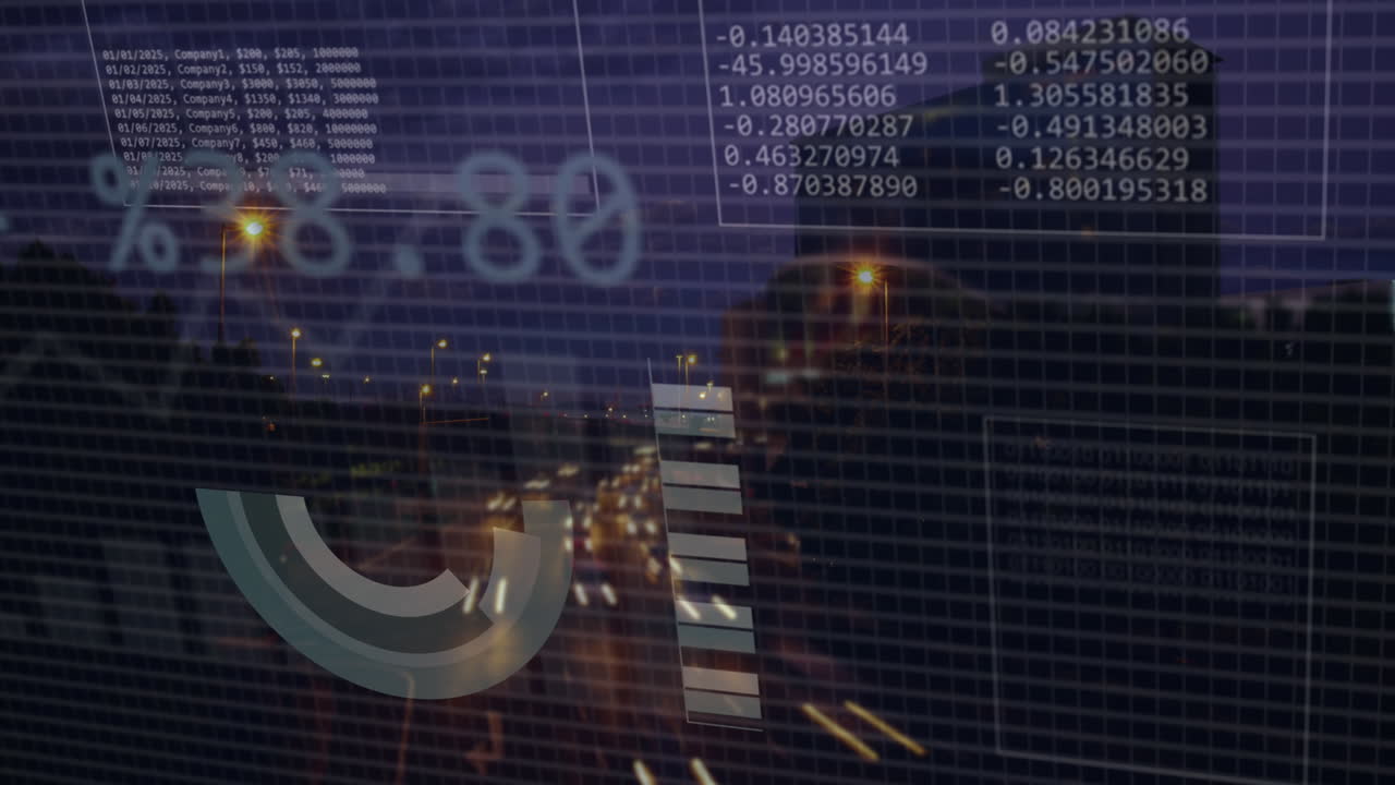 Animation of financial data processing over cityscape