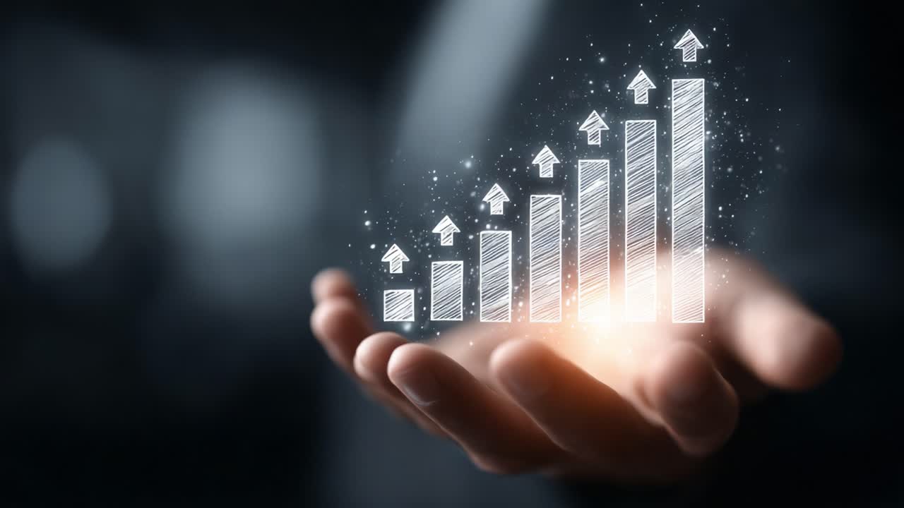 Visual Representation of Growth: A Hand Holding a Sparkling Graph of Increasing Bar Chart with Upward Arrows Signifying Progress and Success