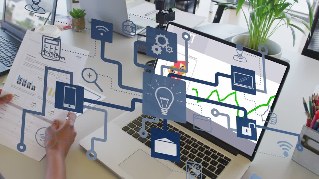 Kvinde ved skrivebordet gennemser NFT-markedsplads, trykker på rapport og udvider AR-noder til finansiel analyse.