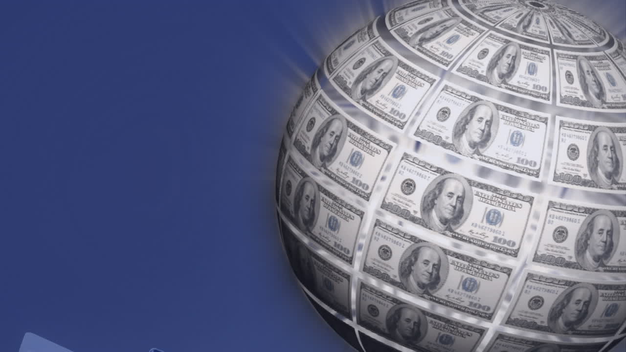 Animazione di globo formato con banconote di dollari americani su terminale di pagamento