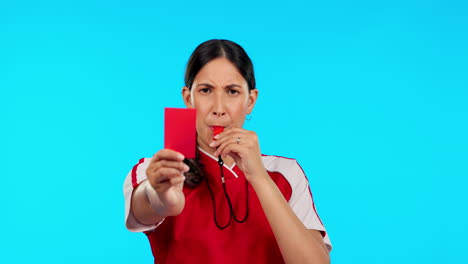 referee, whistle and woman with a red card