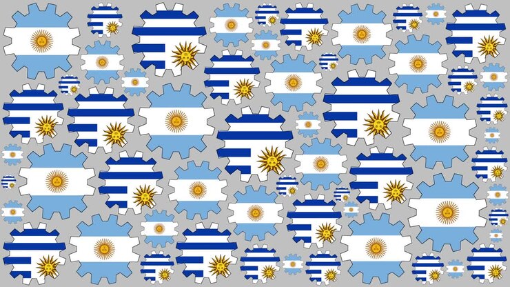 Argentinian and uruguayan flag gears spinning background