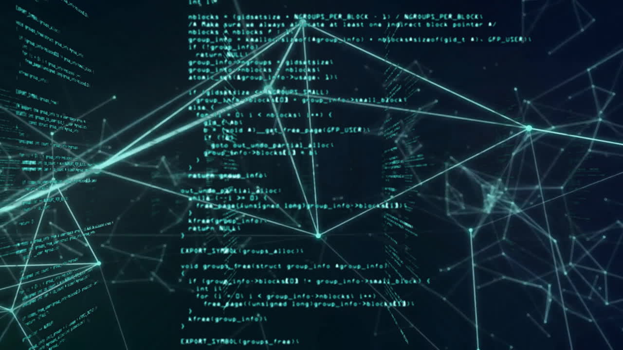 Animation of network of connections and data processing over dark background