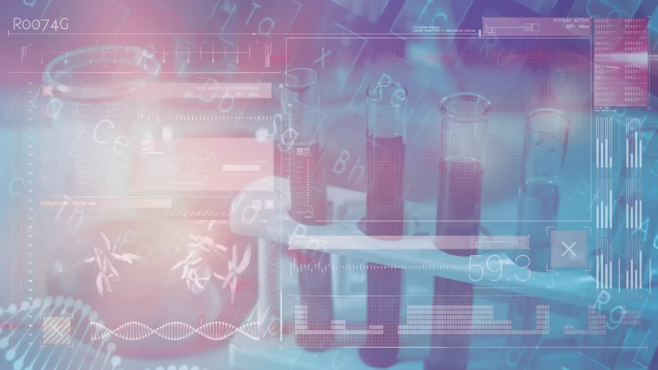 Animation of DNA strand moving with scientific data processing,molecules floating on blue background