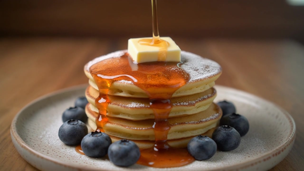 Maple Syrup Pouring Over Stack of Pancakes with Blueberries