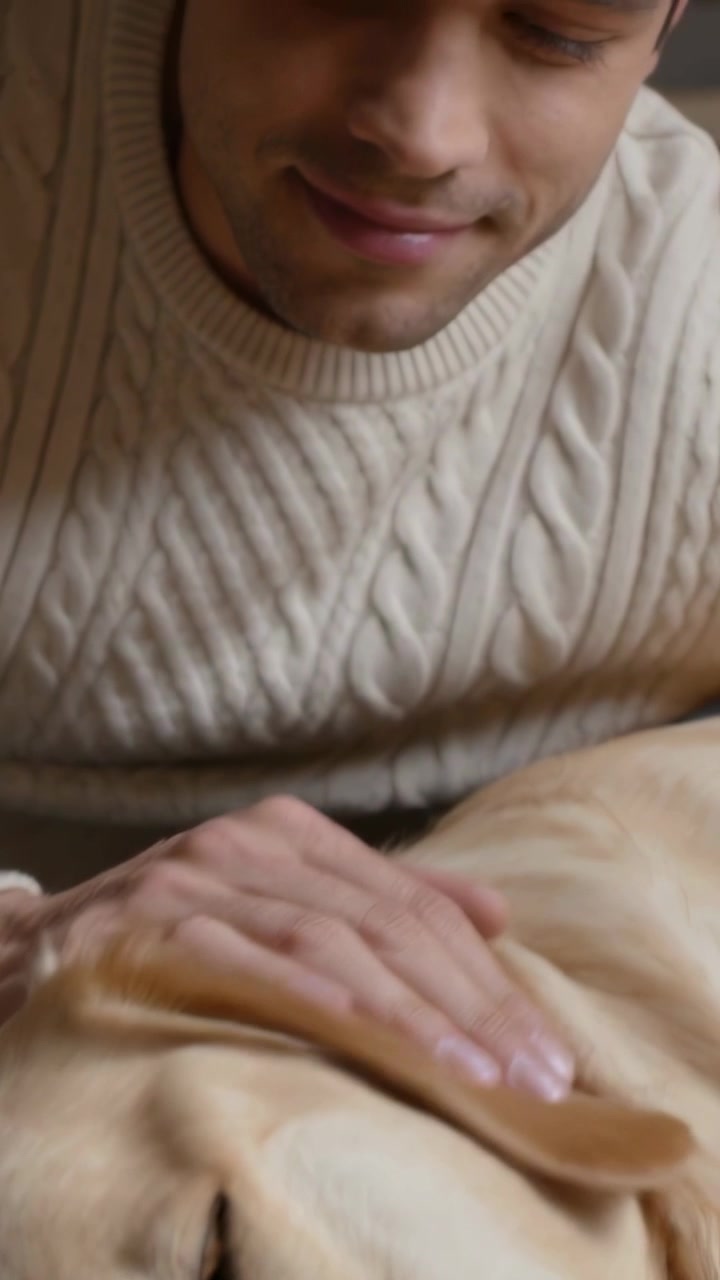 Video verticale: Una mano che entra, un uomo che accarezza un golden retriever su un tappeto di casa, confortando il cane con il maglione.
