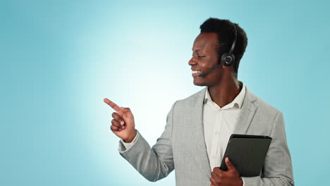 Black-man,-telemarketing-and-face-with-pointing-to