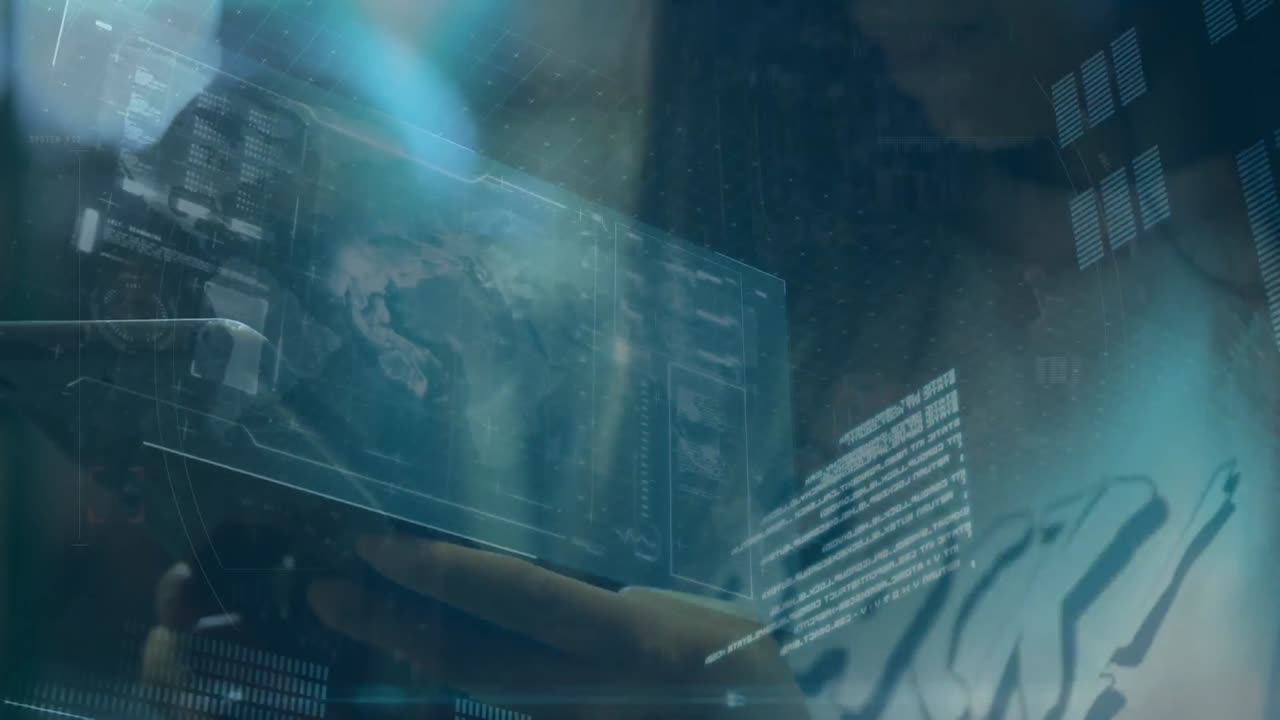 Animation of data processing over biracial woman using tablet