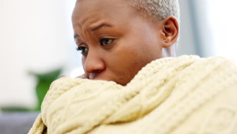 covid virus, cold and sick black woman with a flu