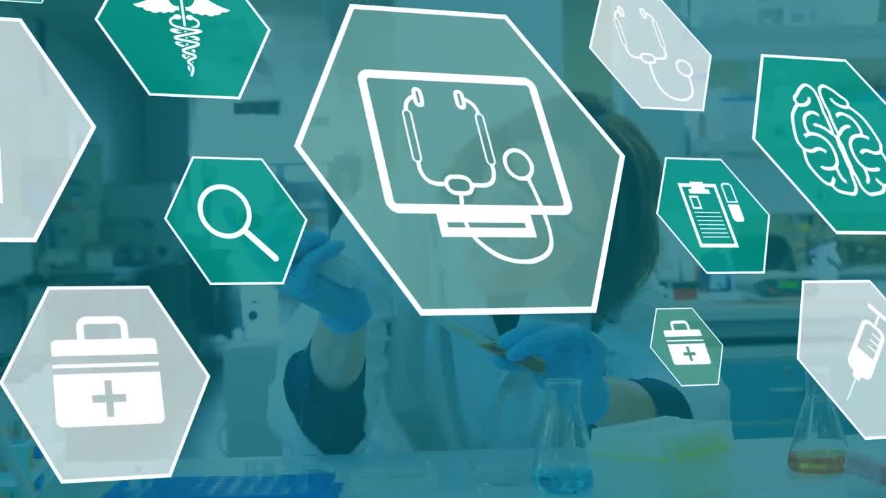 iconos médicos en formas hexagonales contra un fondo negro.