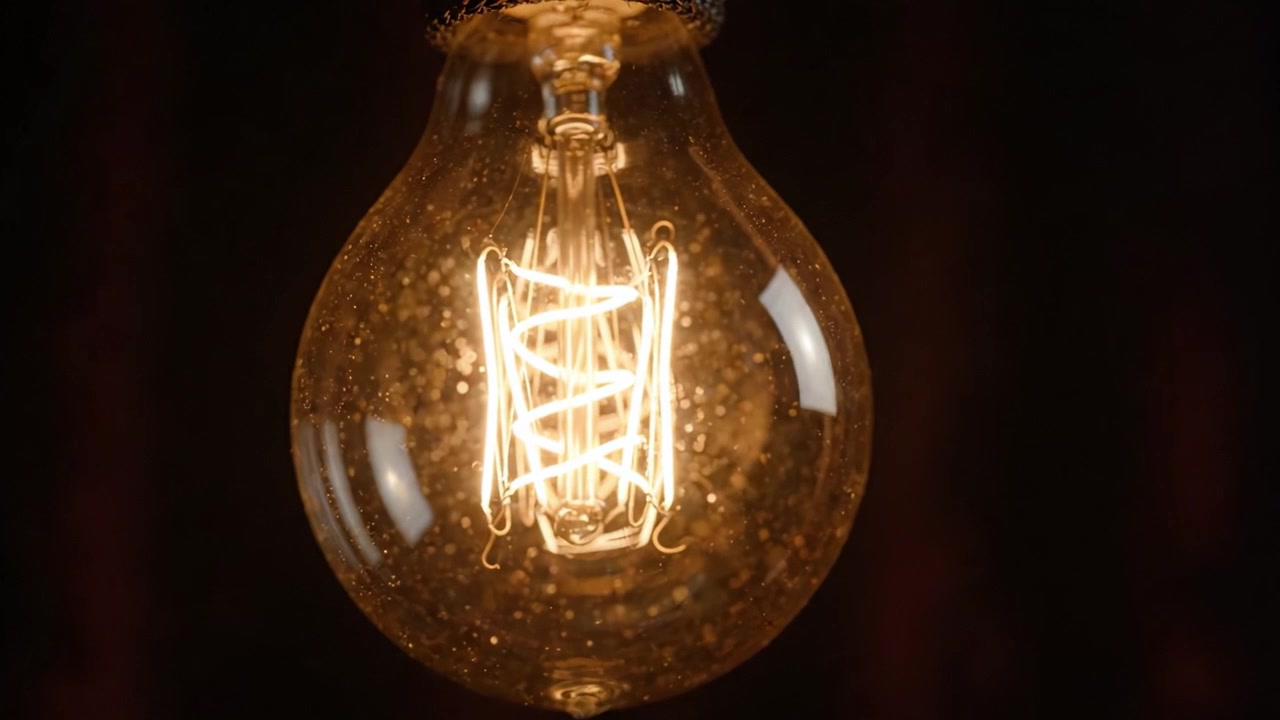 Affascinante lampadina incandescente che mostra un intricato design del filamento, irradiando un'atmosfera calda su uno sfondo scuro in una composizione di illuminazione artistica.