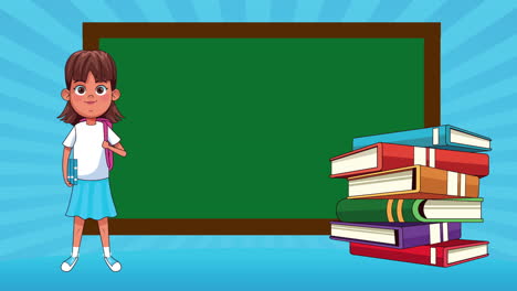 niña estudiante leyendo libros y tablero de dibujos animados