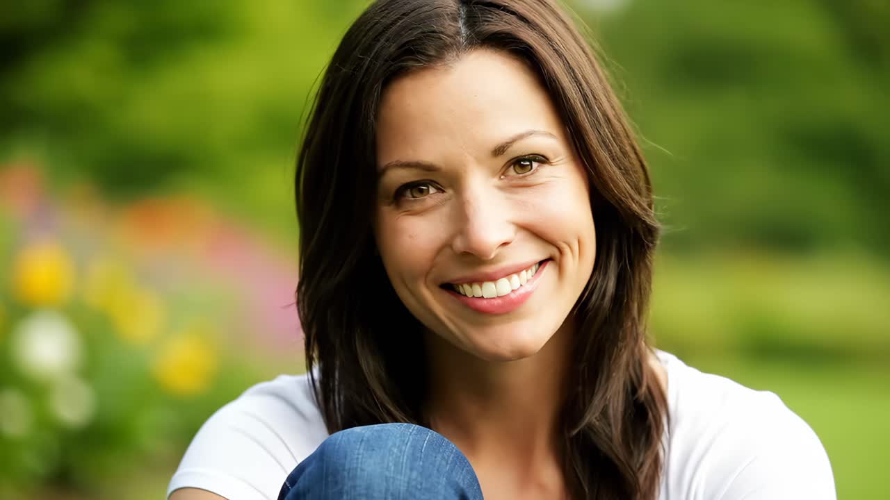 Portrait of a Smiling Brunette Woman Outdoors