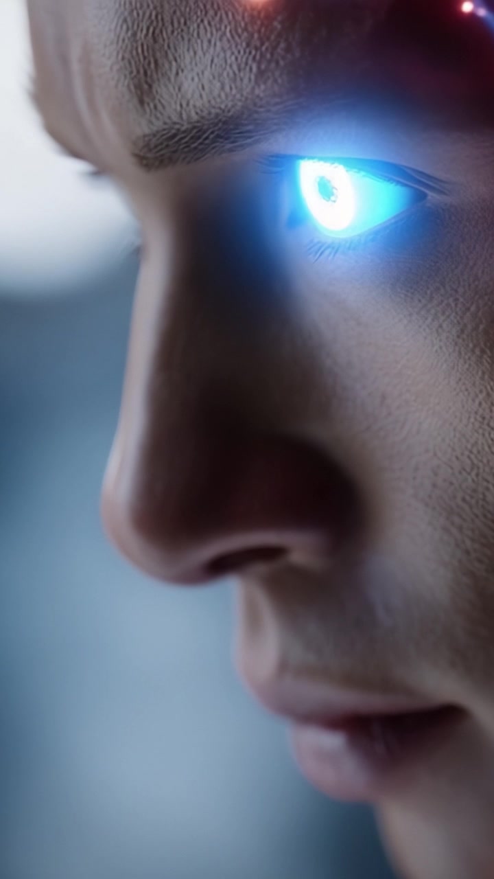 Primo piano di un personaggio futuristico con un occhio luminoso, che mostra dettagli intricati ed espressioni che riflettono tecnologia avanzata ed emozione.