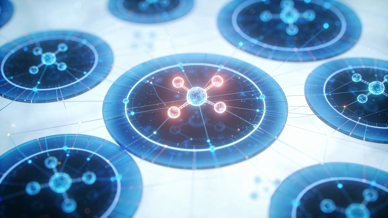 Pulsing core holo module responding to light point, lighting radial lines and sharing data on grid