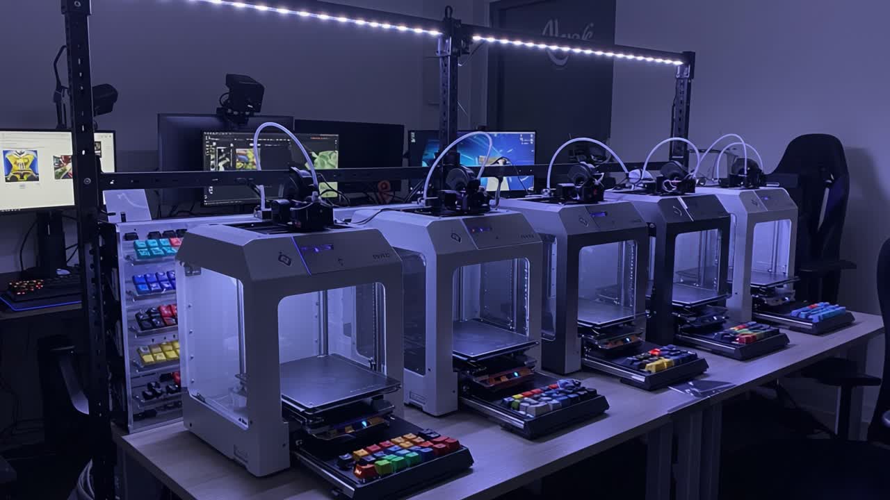 A High-Tech Workspace Displaying Multiple 3D Printers in Action, Showcasing Advanced Printing Equipment and Colorful Control Interfaces for Efficient Production