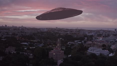 ufo over tel aviv cityscape at sunset