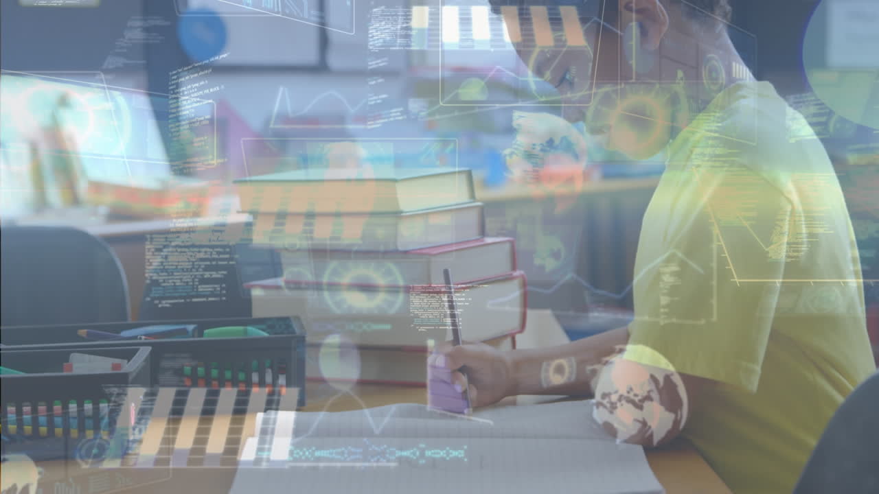 múltiples pantallas con procesamiento de datos sobre un niño afroamericano que estudia en la escuela primaria