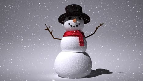 snow falling over snowman wearing a hat against grey background