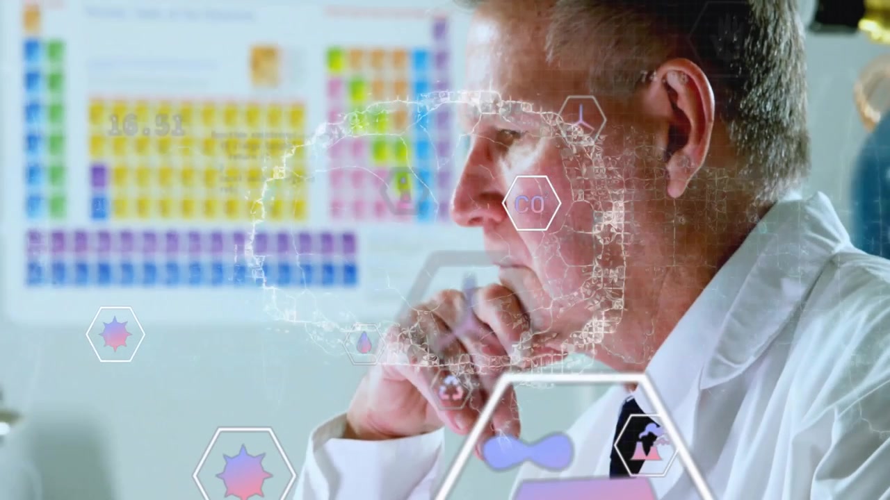 Senior scientist typing laptop and viewing holographic globe analyzing environmental metrics