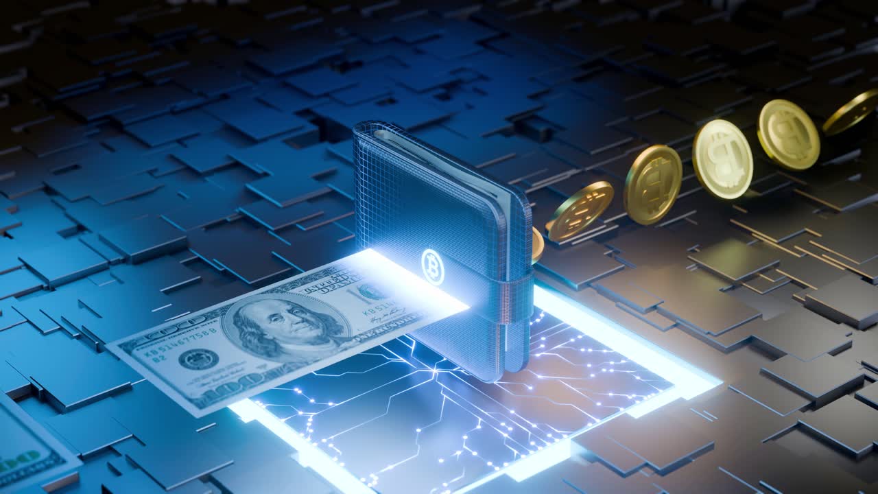 Concetto mondiale futuristico di conversione di dollari in criptovalute per l'uso in scambio