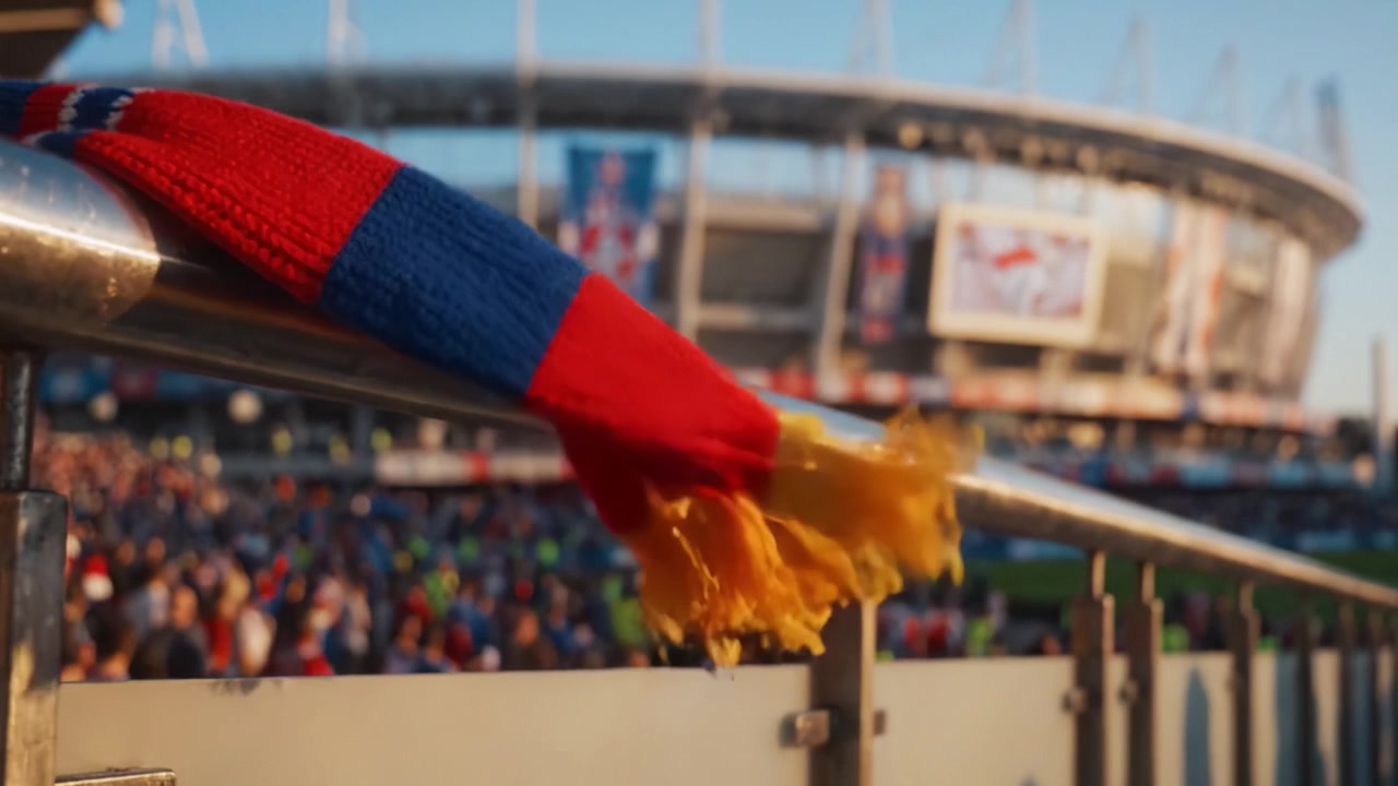Una sciarpa vibrante della squadra drappeggiata su una ringhiera in uno stadio con tifosi entusiasti e un'atmosfera serale dinamica, che cattura l'essenza dello spirito sportivo e dell'eccitazione.
