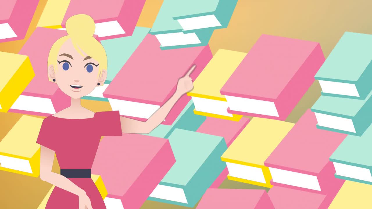 animación de una mujer hablando sobre iconos de libros