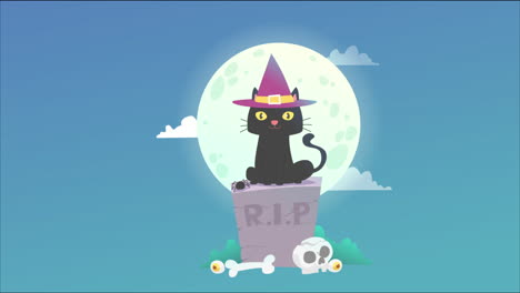 una linda bruja gata negra en una lápida para halloween