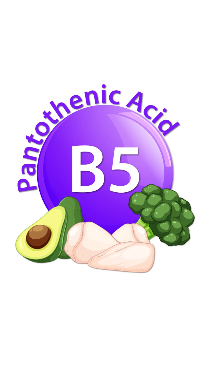 Un'icona lucida viola della vitamina B5 si anima mentre il testo 'Acido Pantotenico' si curva sopra, seguito da illustrazioni di avocado, pollo e broccoli che appaiono sotto su uno sfondo bianco pulito.