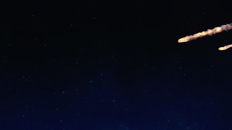 gece yıldızların arka planıyla atmosferin içine giren birden fazla asteroit
