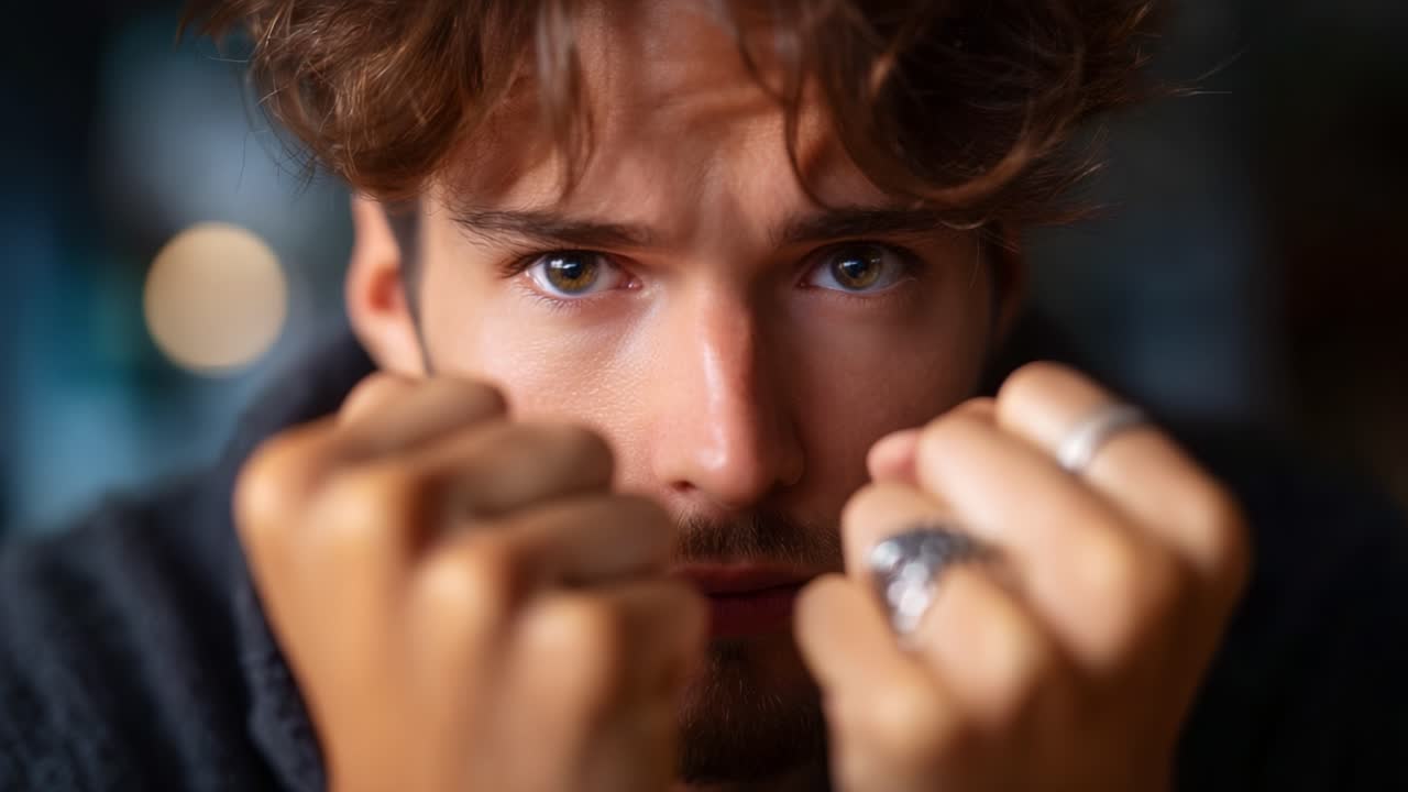 An Intense Portrait of a Determined Young Man with an Intense Gaze and Clenched Fists, Capturing Emotion and Resolve in a Close-Up Setting