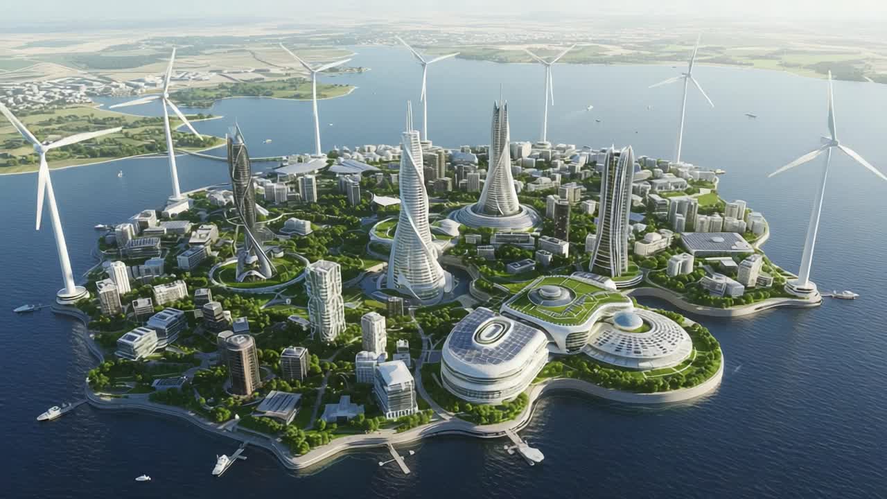 Aerial View of a Futuristic Island City Surrounded by Wind Turbines and Water, Showcasing Innovative Architecture and Green Technology