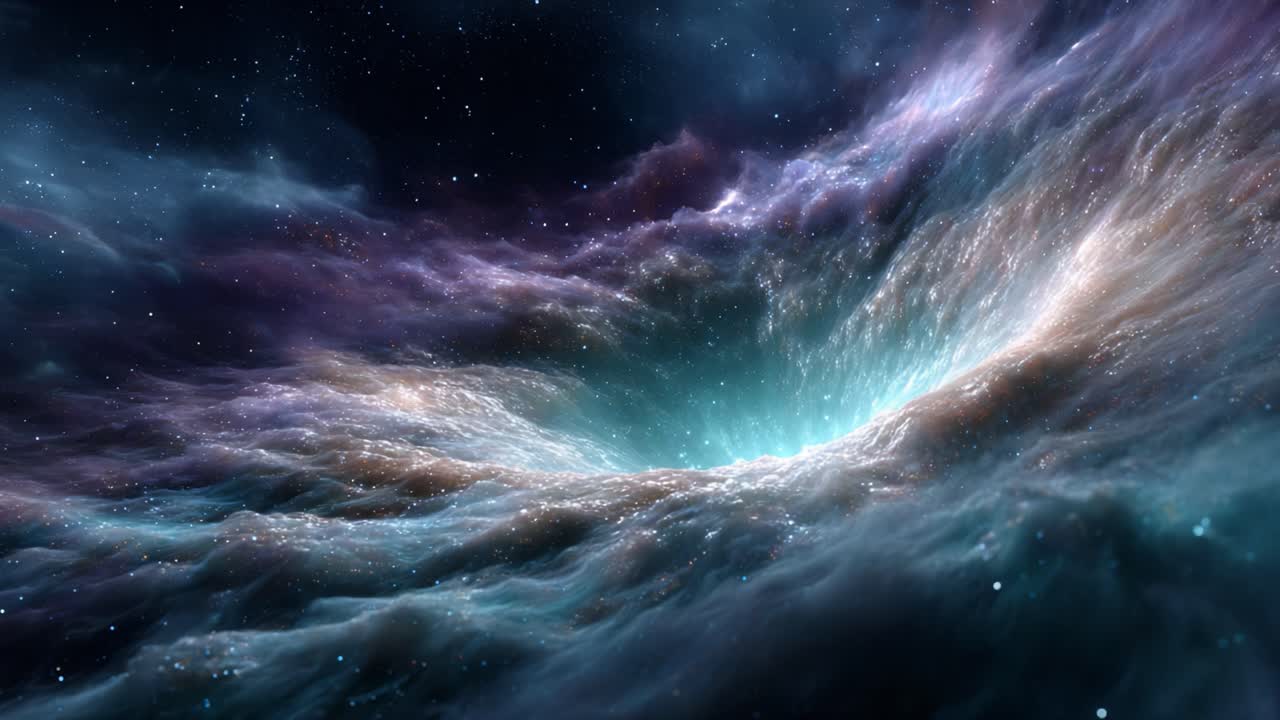A breathtaking view of a cosmic phenomenon, showcasing a stunning vortex of swirling celestial clouds, stars, and vibrant colors in the vastness of space
