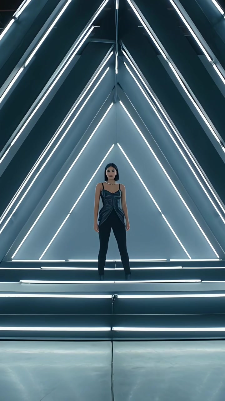 Video verticale: Modella che si muove con un top metallico mentre i fotogrammi avanzano, girando a sinistra su un set con LED a triangolo